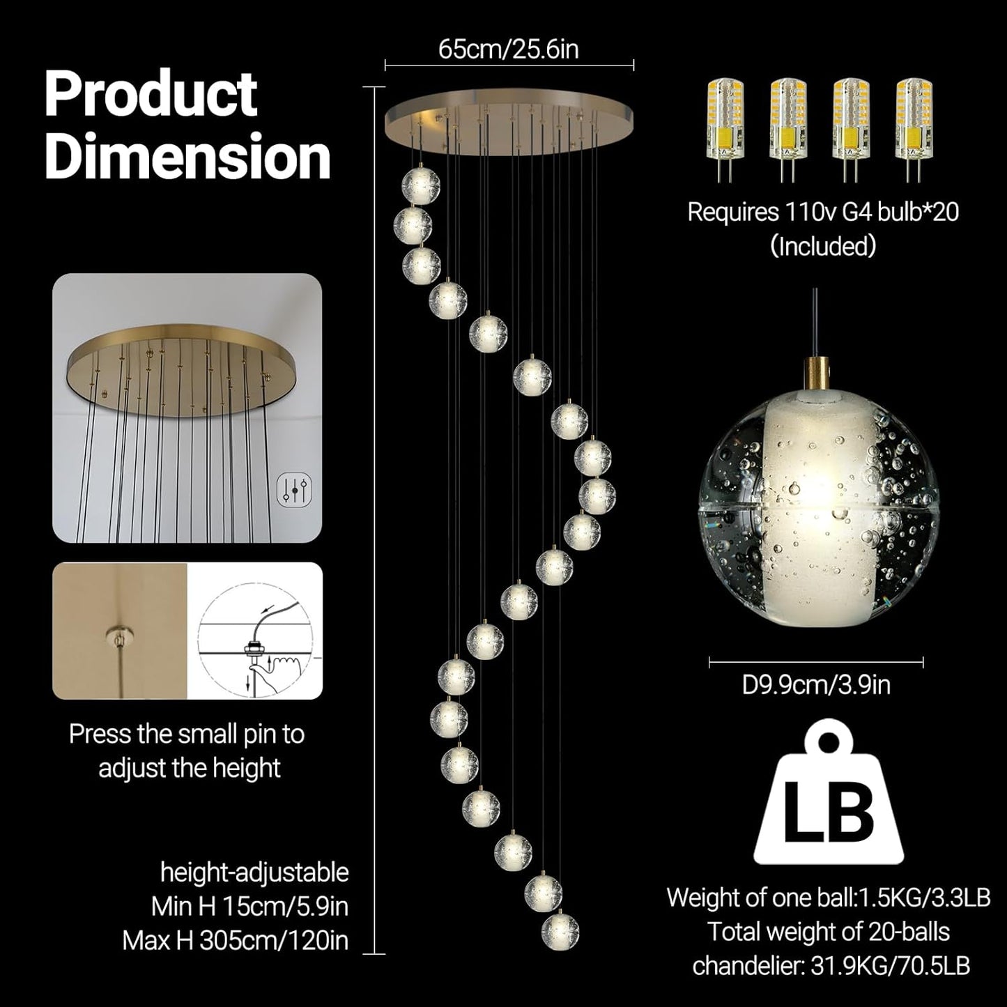 Large LED Pendant Chandeliers with Crystal Bubble Ball-Amarnest