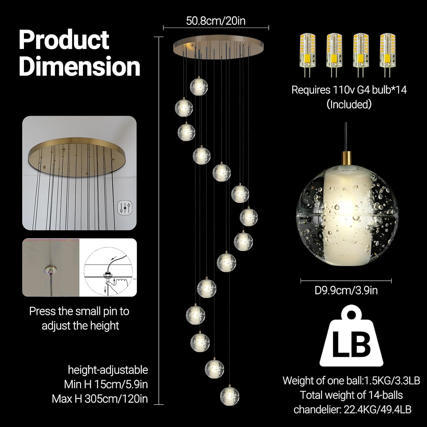 Large LED Pendant Chandeliers with Crystal Bubble Ball-Amarnest