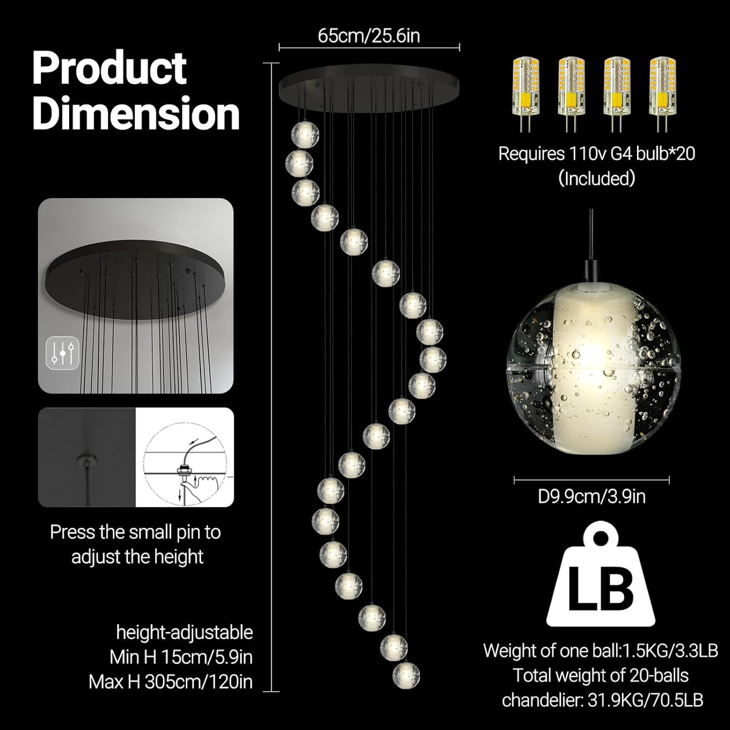 Large LED Pendant Chandeliers with Crystal Bubble Ball-Amarnest
