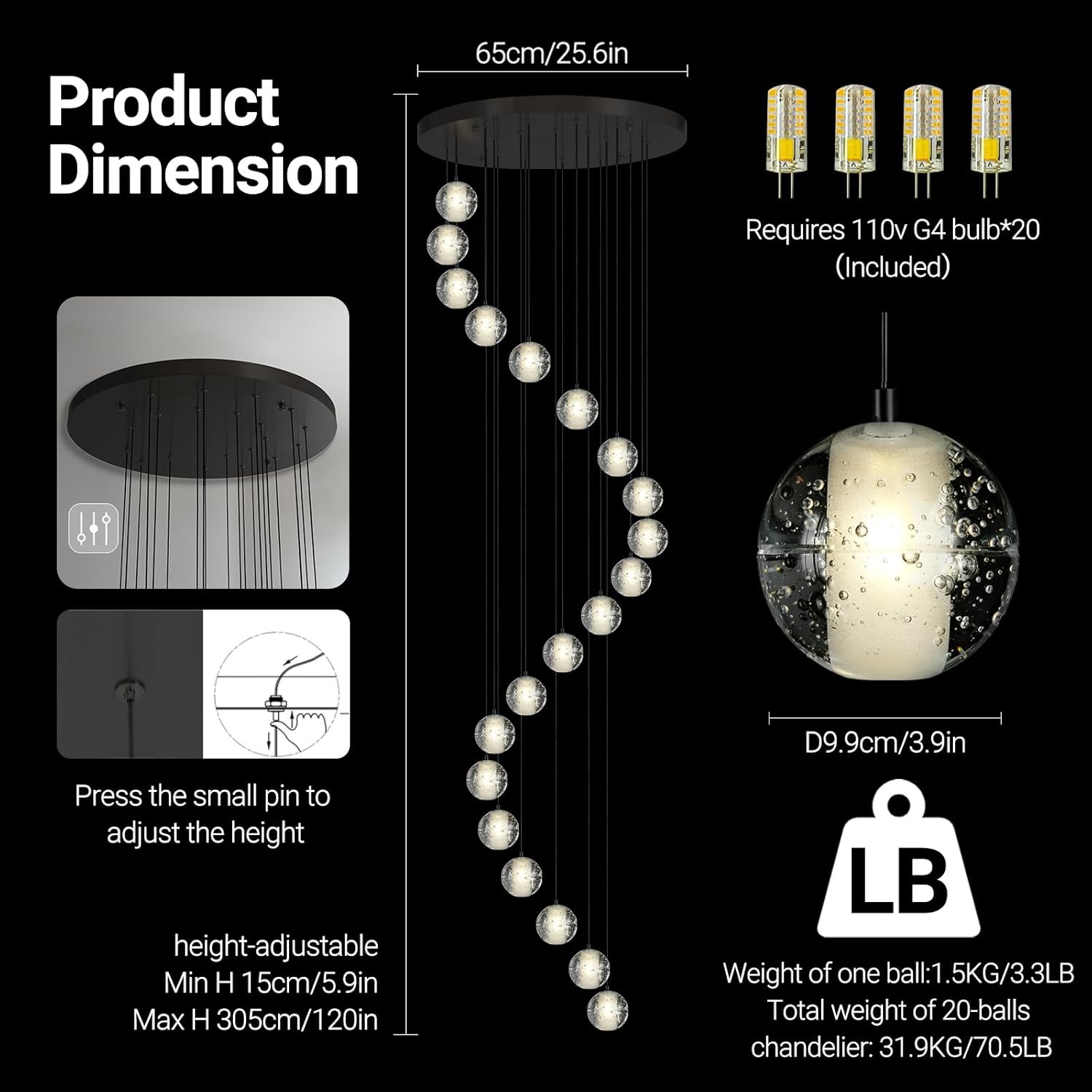 Large LED Pendant Chandeliers with Crystal Bubble Ball-Amarnest