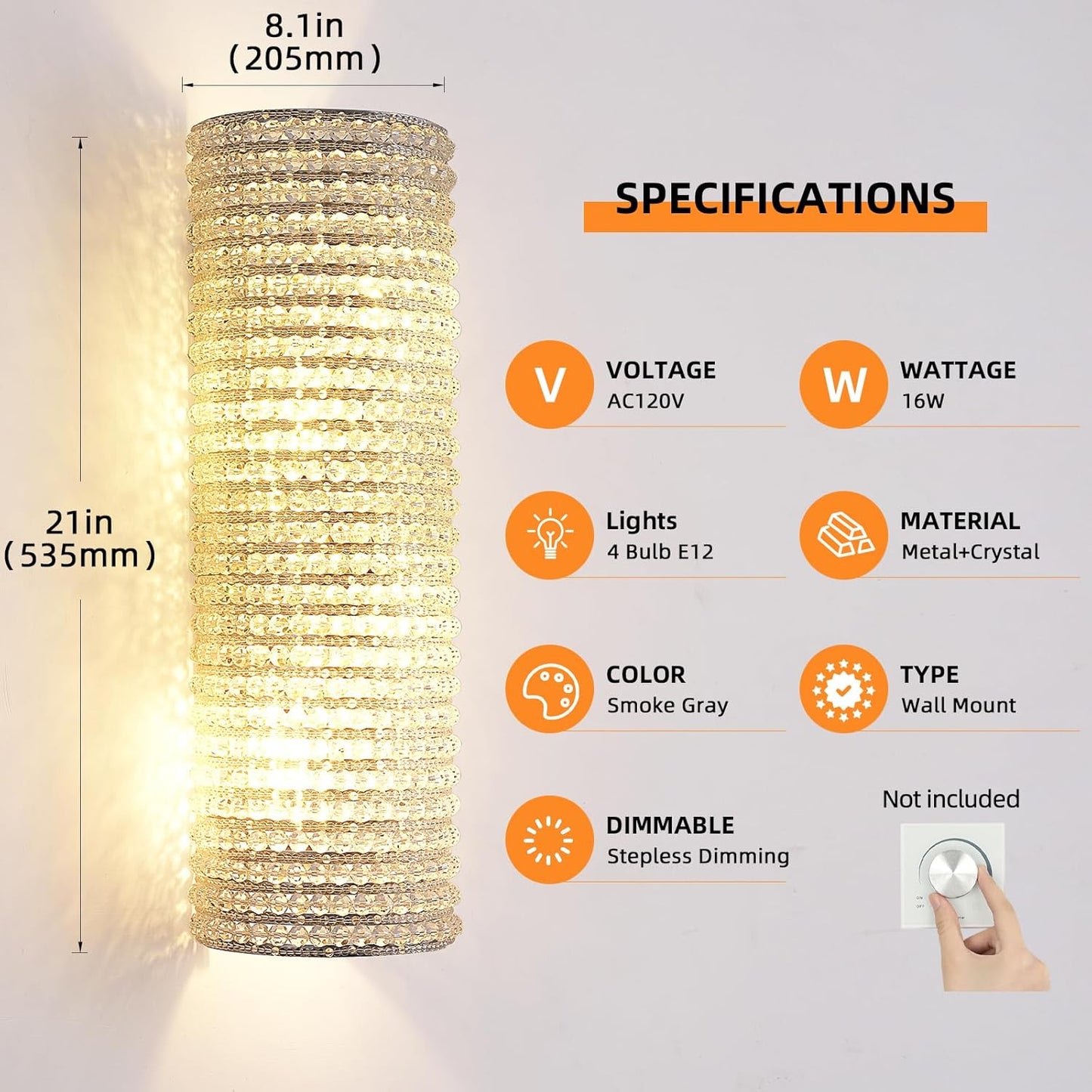 Smoke Grey Crystal Beaded Wall Sconce Light-Amarnest