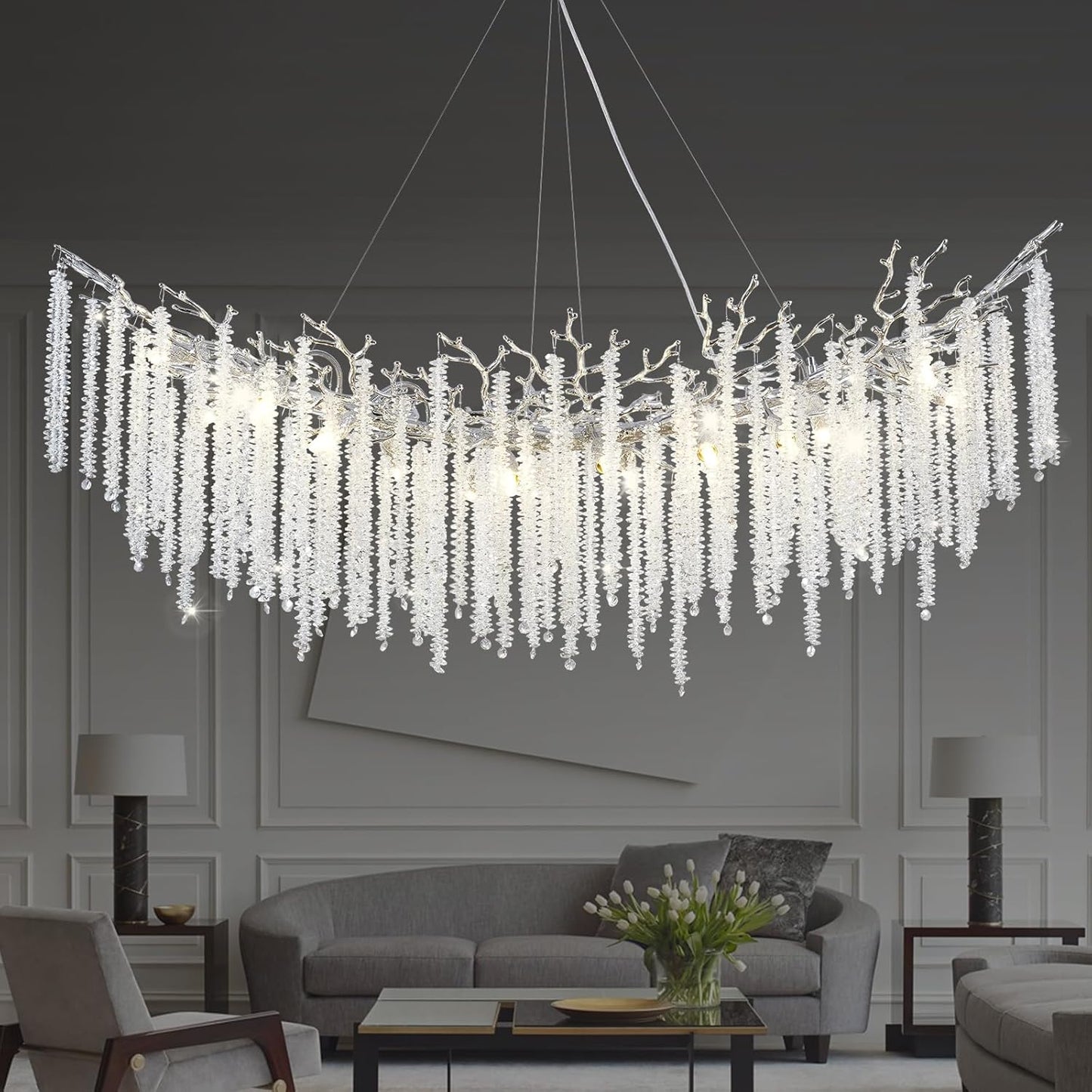 Round Silver Tree Branches Chandeliers L55"-Amarnest