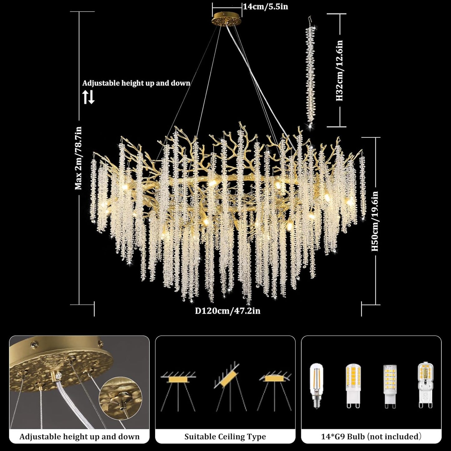 Round Gold Tree Branches Chandelier 47"-Amarnest