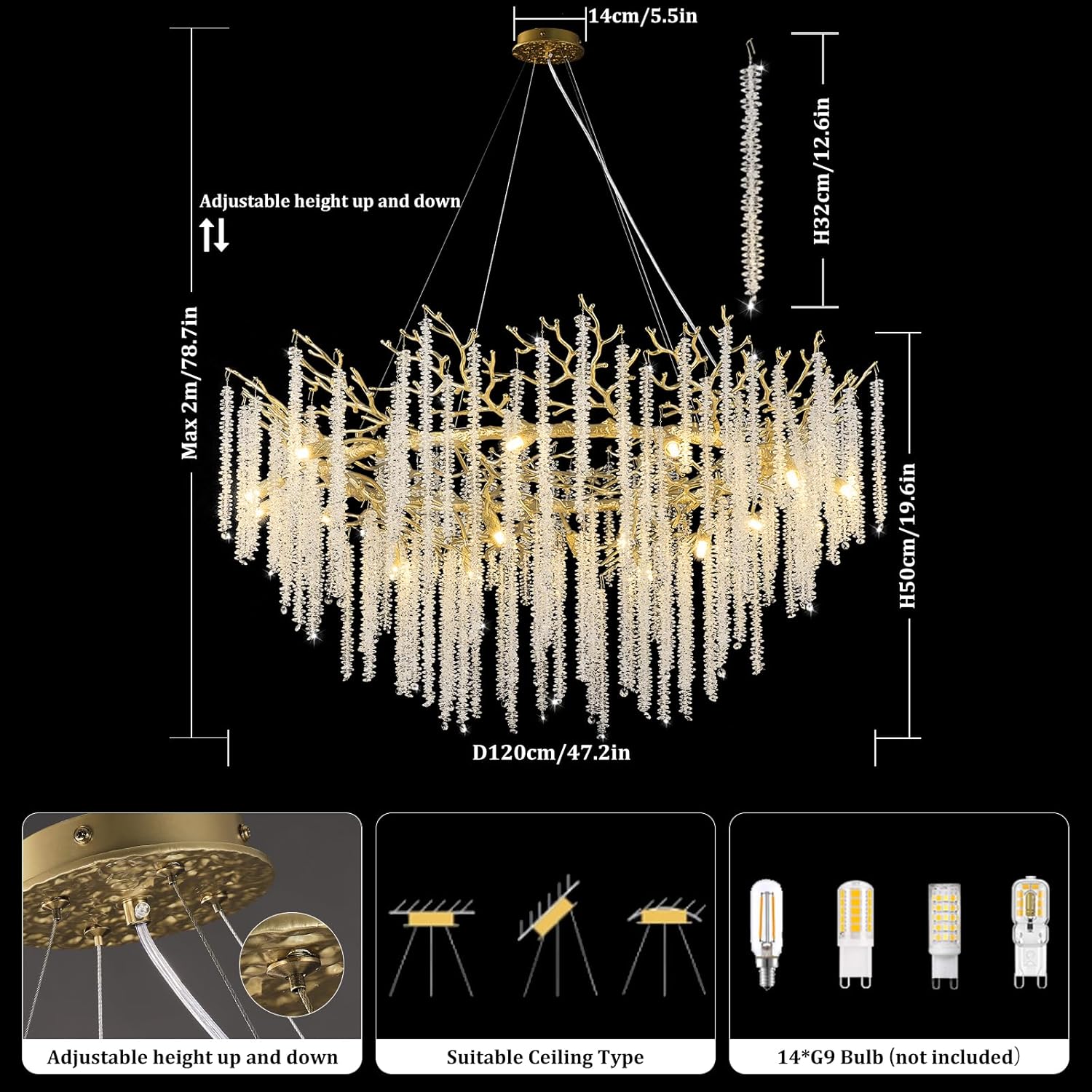 Round Gold Tree Branches Chandelier 47"-Amarnest
